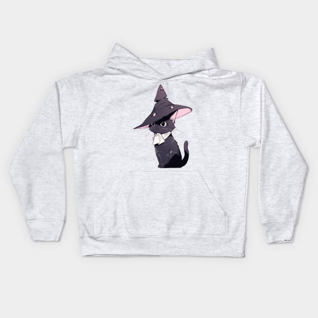 Black Cat Wearing a Witch Hat Kids Hoodie by SundayDonuts